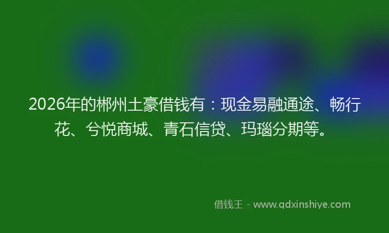 2026年的郴州土豪借钱有：现金易融通途、畅行花、兮悦商城、青石信贷、玛瑙分期等。
