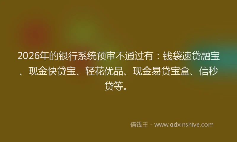 2026年的银行系统预审不通过有：钱袋速贷融宝、现金快贷宝、轻花优品、现金易贷宝盒、信秒贷等。