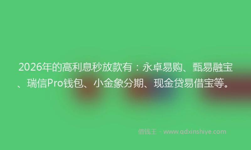 2026年的高利息秒放款有：永卓易购、甄易融宝、瑞信Pro钱包、小金象分期、现金贷易借宝等。