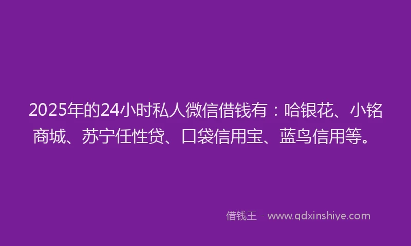 2025年的24小时私人微信借钱有：哈银花、小铭商城、苏宁任性贷、口袋信用宝、蓝鸟信用等。