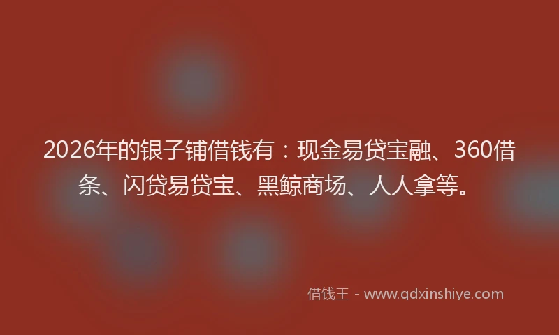 2026年的银子铺借钱有:现金易贷宝融、360借条、闪贷易贷宝、黑鲸商场、人人拿等。