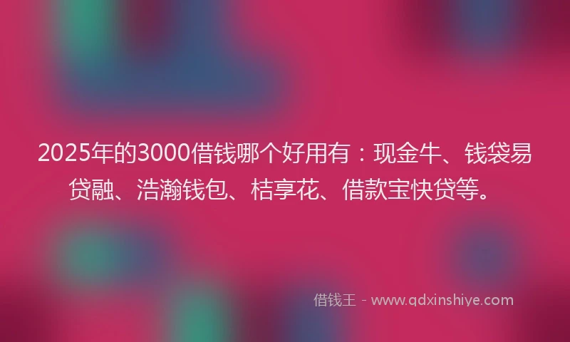 2025年的3000借钱哪个好用有:现金牛、钱袋易贷融、浩瀚钱包、桔享花、借款宝快贷等。