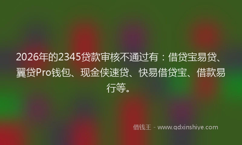 2026年的2345贷款审核不通过有：借贷宝易贷、翼贷Pro钱包、现金侠速贷、快易借贷宝、借款易行等。
