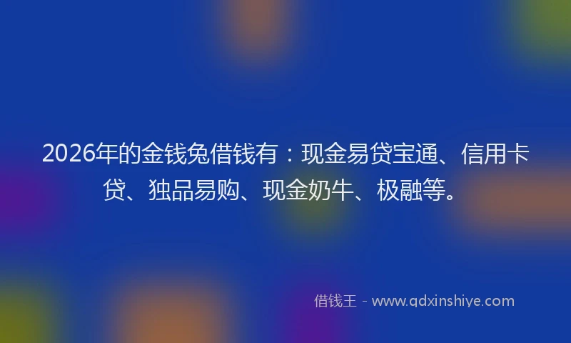 2026年的金钱兔借钱有：现金易贷宝通、信用卡贷、独品易购、现金奶牛、极融等。