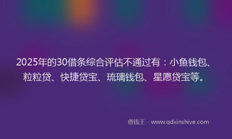 2025年的30借条综合评估不通过有：小鱼钱包、粒粒贷、快捷贷宝、琉璃钱包、星愿贷宝等。