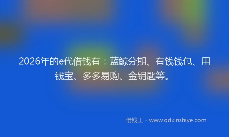 2026年的e代借钱有：蓝鲸分期、有钱钱包、用钱宝、多多易购、金钥匙等。