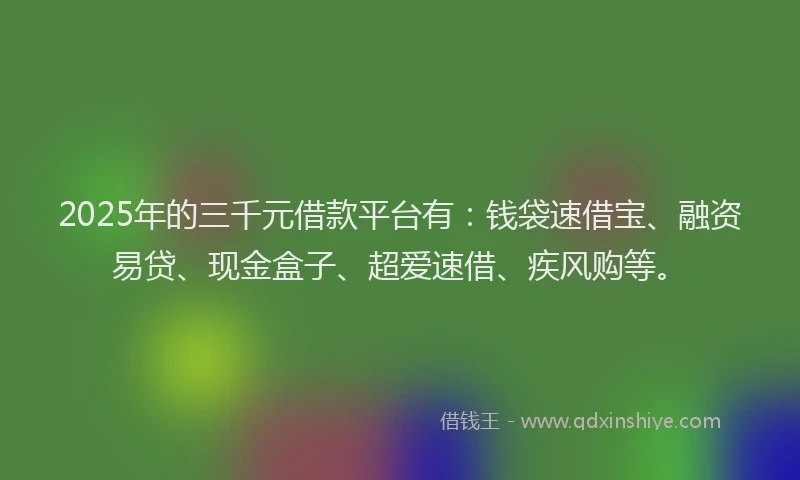 2025年的三千元借款平台有：钱袋速借宝、融资易贷、现金盒子、超爱速借、疾风购等。