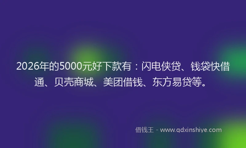 2026年的5000元好下款有：闪电侠贷、钱袋快借通、贝壳商城、美团借钱、东方易贷等。