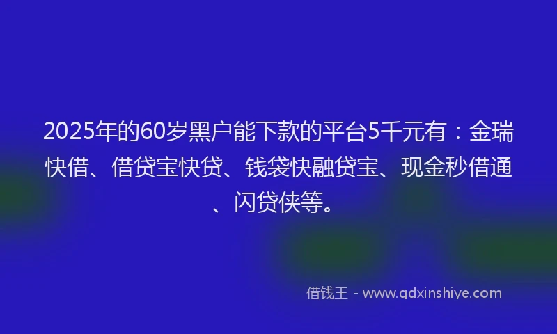 2025年的60岁黑户能下款的平台5千元有：金瑞快借、借贷宝快贷、钱袋快融贷宝、现金秒借通、闪贷侠等。