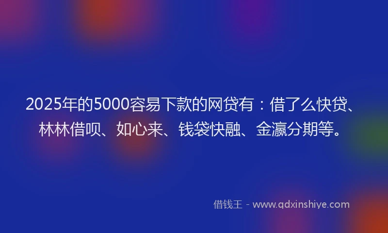 2025年的5000容易下款的网贷有:借了么快贷、林林借呗、如心来、钱袋快融、金瀛分期等。