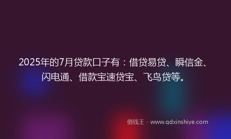 2025年的7月贷款口子有：借贷易贷、瞬信金、闪电通、借款宝速贷宝、飞鸟贷等。