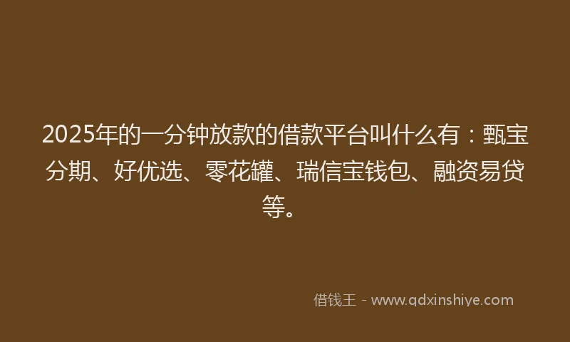2025年的一分钟放款的借款平台叫什么有：甄宝分期、好优选、零花罐、瑞信宝钱包、融资易贷等。
