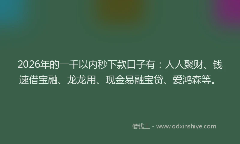 2026年的一千以内秒下款口子有：人人聚财、钱速借宝融、龙龙用、现金易融宝贷、爱鸿森等。