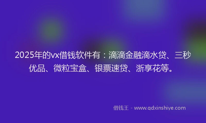 2025年的vx借钱软件有：滴滴金融滴水贷、三秒优品、微粒宝盒、银票速贷、浙享花等。
