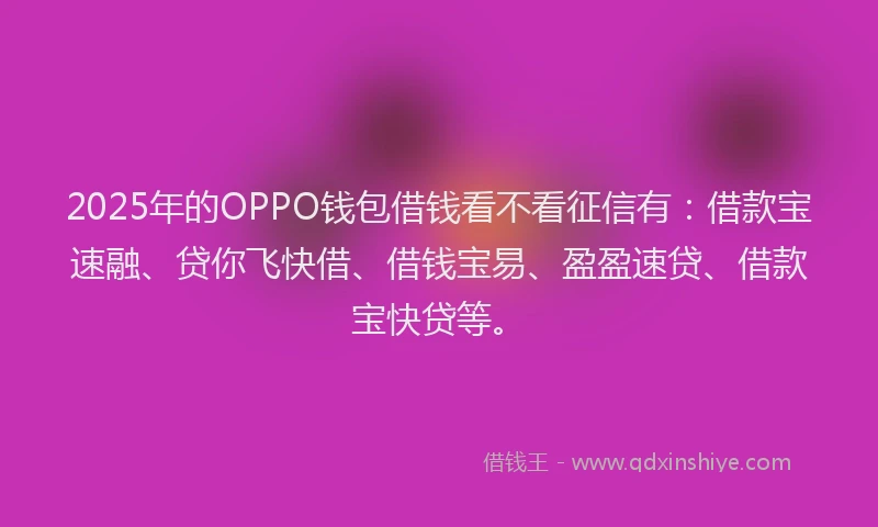 2025年的OPPO钱包借钱看不看征信有：借款宝速融、贷你飞快借、借钱宝易、盈盈速贷、借款宝快贷等。