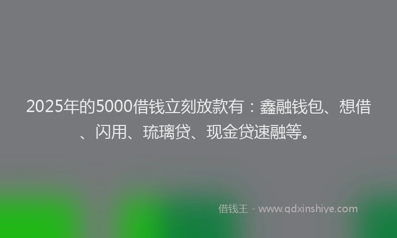 2025年的5000借钱立刻放款有：鑫融钱包、想借、闪用、琉璃贷、现金贷速融等。