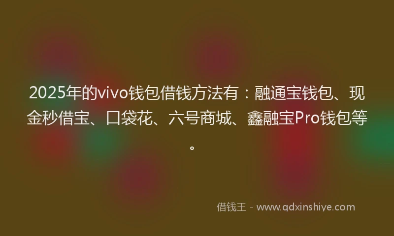 2025年的vivo钱包借钱方法有：融通宝钱包、现金秒借宝、口袋花、六号商城、鑫融宝Pro钱包等。