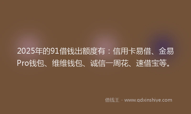 2025年的91借钱出额度有：信用卡易借、金易Pro钱包、维维钱包、诚信一周花、速借宝等。