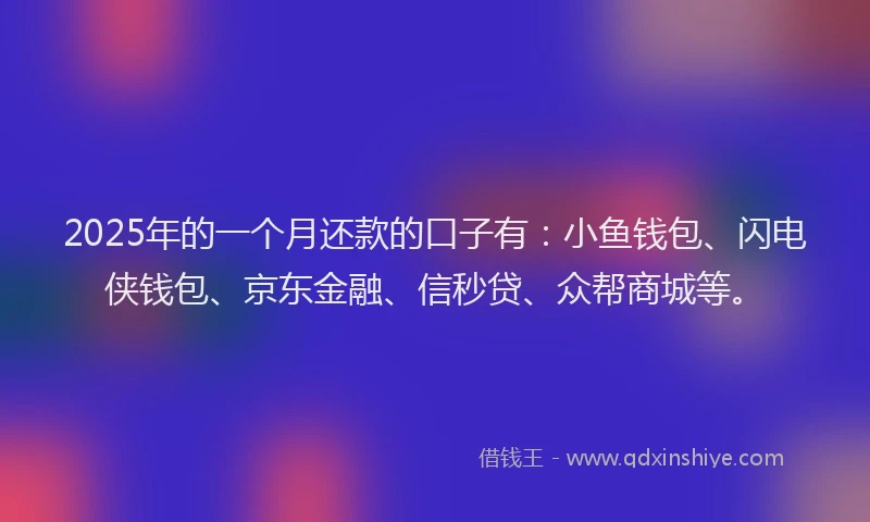 2025年的一个月还款的口子有：小鱼钱包、闪电侠钱包、京东金融、信秒贷、众帮商城等。