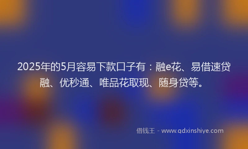 2025年的5月容易下款口子有：融e花、易借速贷融、优秒通、唯品花取现、随身贷等。