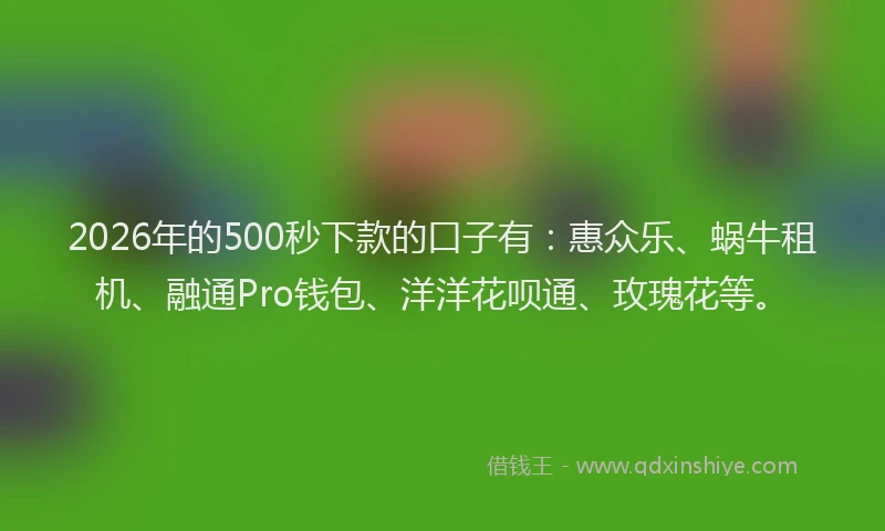 2026年的500秒下款的口子有：惠众乐、蜗牛租机、融通Pro钱包、洋洋花呗通、玫瑰花等。