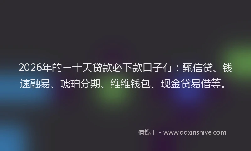 2026年的三十天贷款必下款口子有：甄信贷、钱速融易、琥珀分期、维维钱包、现金贷易借等。
