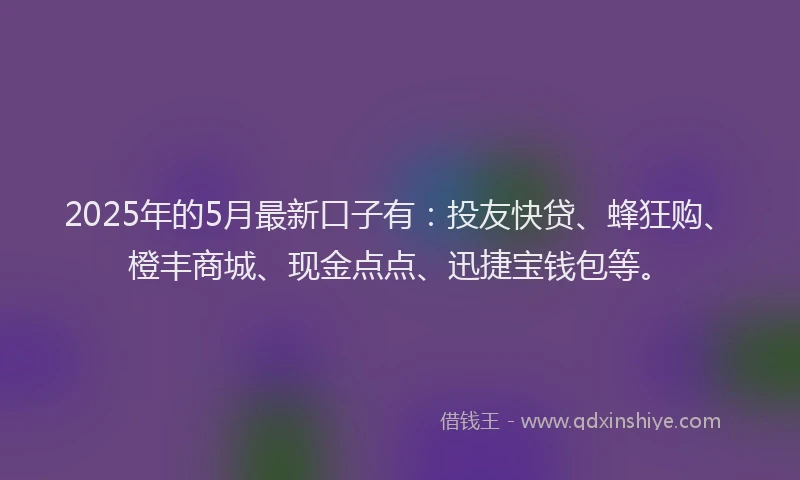 2025年的5月最新口子有：投友快贷、蜂狂购、橙丰商城、现金点点、迅捷宝钱包等。