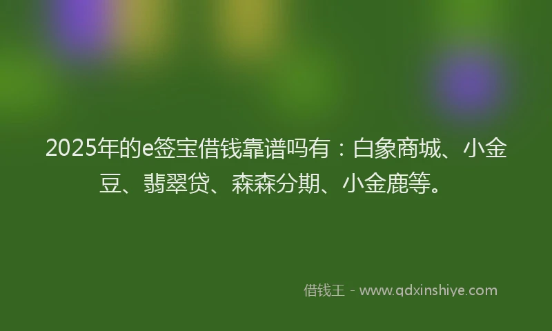 2025年的e签宝借钱靠谱吗有:白象商城、小金豆、翡翠贷、森森分期、小金鹿等。
