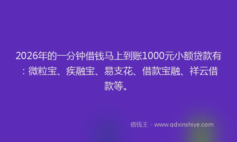 2026年的一分钟借钱马上到账1000元小额贷款有：微粒宝、疾融宝、易支花、借款宝融、祥云借款等。