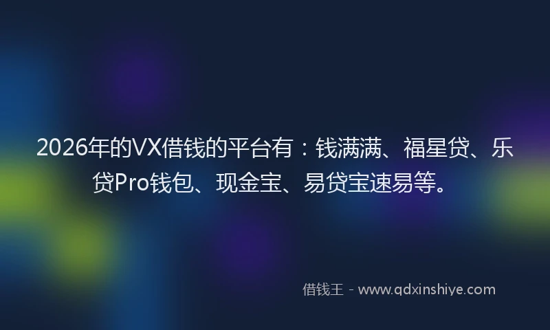 2026年的VX借钱的平台有：钱满满、福星贷、乐贷Pro钱包、现金宝、易贷宝速易等。