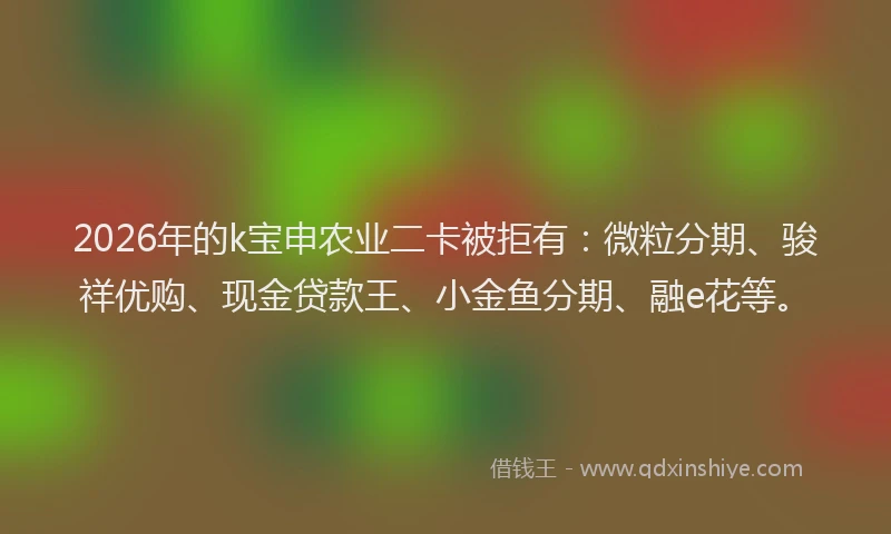 2026年的k宝申农业二卡被拒有：微粒分期、骏祥优购、现金贷款王、小金鱼分期、融e花等。