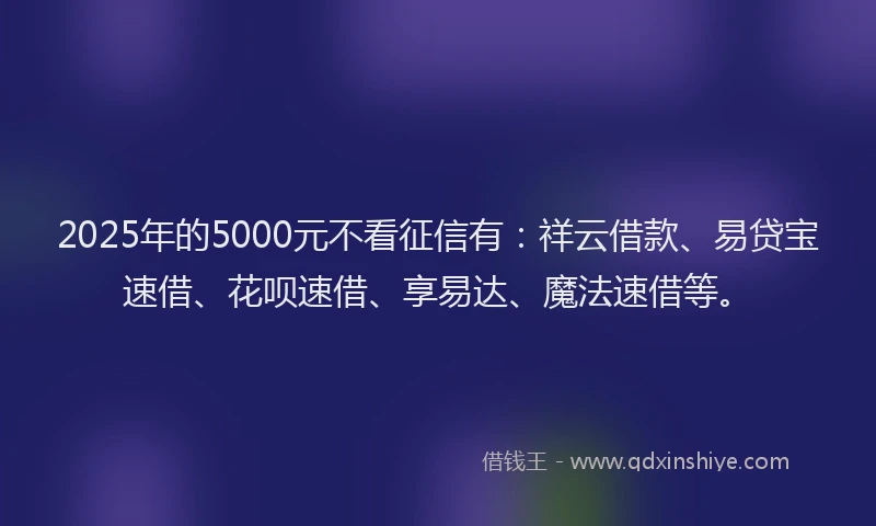 2025年的5000元不看征信有：祥云借款、易贷宝速借、花呗速借、享易达、魔法速借等。