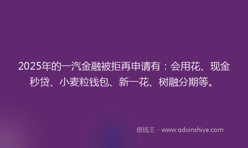 2025年的一汽金融被拒再申请有：会用花、现金秒贷、小麦粒钱包、新一花、树融分期等。