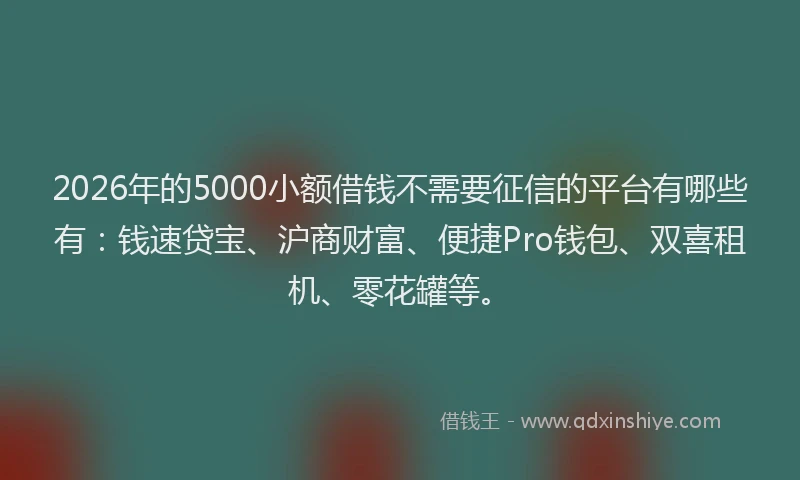 2026年的5000小额借钱不需要征信的平台有哪些有:钱速贷宝、沪商财富、便捷Pro钱包、双喜租机、零花罐等。