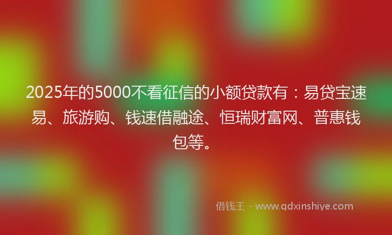2025年的5000不看征信的小额贷款有：易贷宝速易、旅游购、钱速借融途、恒瑞财富网、普惠钱包等。
