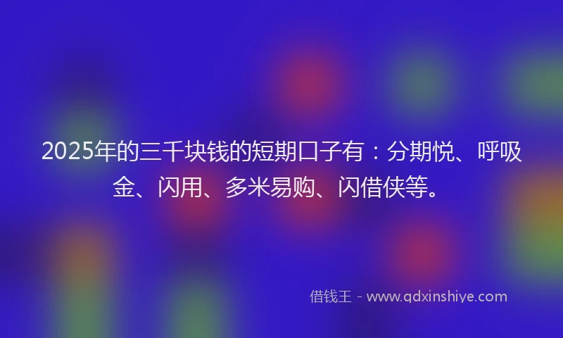 2025年的三千块钱的短期口子有：分期悦、呼吸金、闪用、多米易购、闪借侠等。