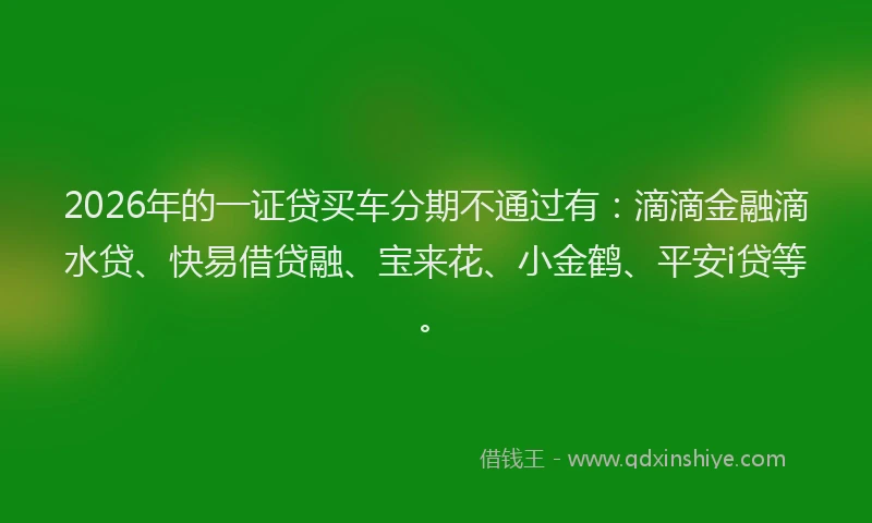 2026年的一证贷买车分期不通过有：滴滴金融滴水贷、快易借贷融、宝来花、小金鹤、平安i贷等。