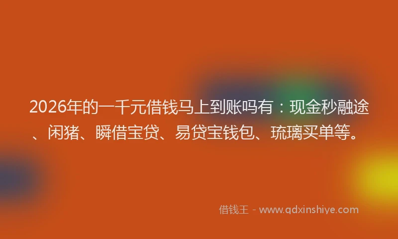 2026年的一千元借钱马上到账吗有：现金秒融途、闲猪、瞬借宝贷、易贷宝钱包、琉璃买单等。