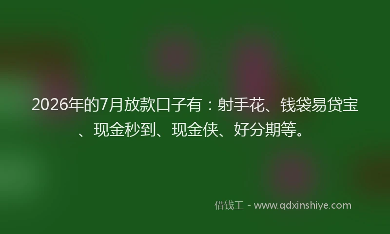 2026年的7月放款口子有：射手花、钱袋易贷宝、现金秒到、现金侠、好分期等。