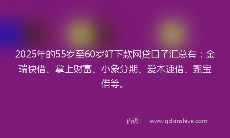2025年的55岁至60岁好下款网贷口子汇总有:金瑞快借、掌上财富、小象分期、爱木速借、甄宝借等。