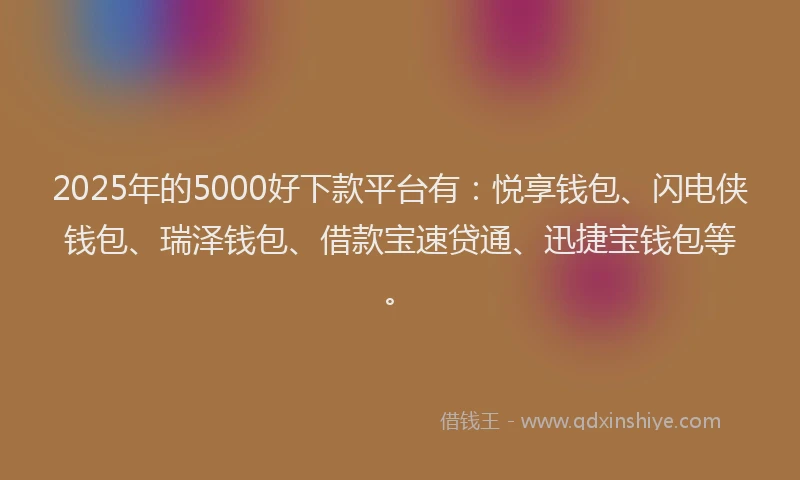 2025年的5000好下款平台有：悦享钱包、闪电侠钱包、瑞泽钱包、借款宝速贷通、迅捷宝钱包等。