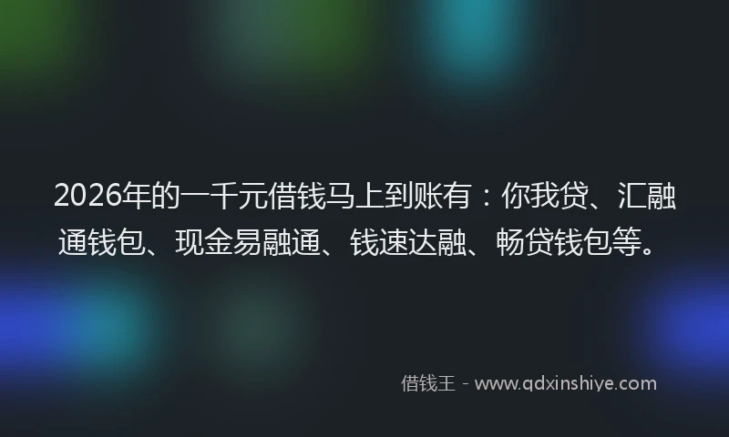 2026年的一千元借钱马上到账有：你我贷、汇融通钱包、现金易融通、钱速达融、畅贷钱包等。