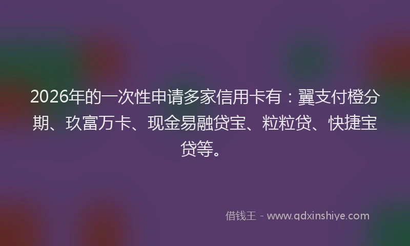 2026年的一次性申请多家信用卡有：翼支付橙分期、玖富万卡、现金易融贷宝、粒粒贷、快捷宝贷等。