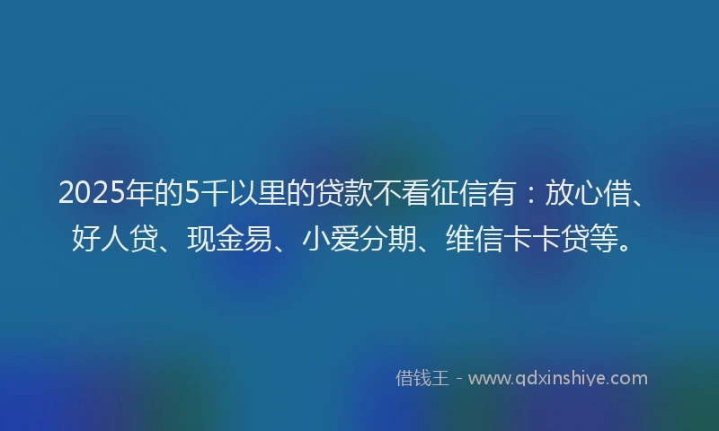 2025年的5千以里的贷款不看征信有：放心借、好人贷、现金易、小爱分期、维信卡卡贷等。