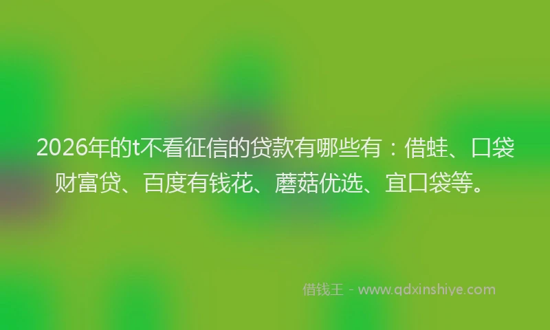 2026年的t不看征信的贷款有哪些有：借蛙、口袋财富贷、百度有钱花、蘑菇优选、宜口袋等。