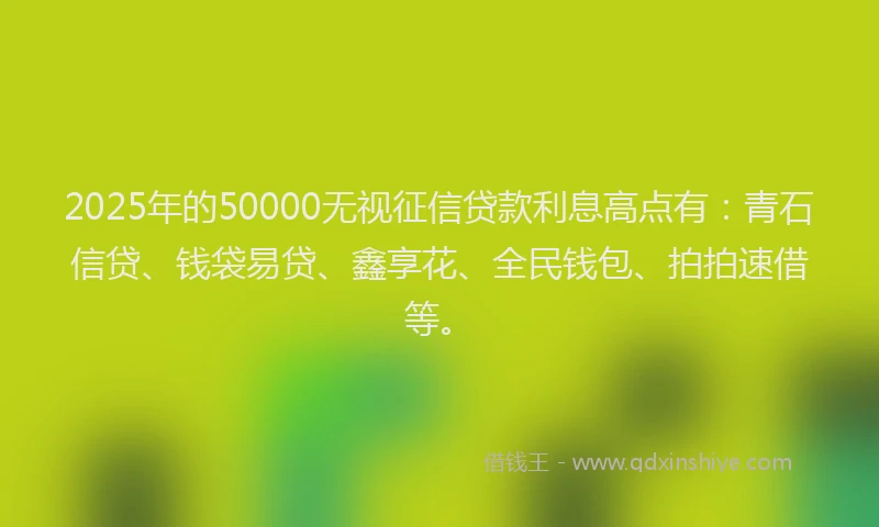 2025年的50000无视征信贷款利息高点有：青石信贷、钱袋易贷、鑫享花、全民钱包、拍拍速借等。