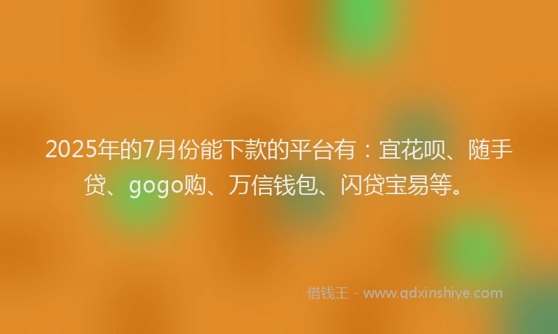 2025年的7月份能下款的平台有：宜花呗、随手贷、gogo购、万信钱包、闪贷宝易等。