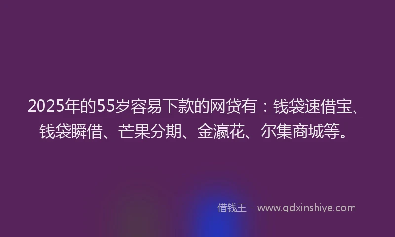 2025年的55岁容易下款的网贷有:钱袋速借宝、钱袋瞬借、芒果分期、金瀛花、尔集商城等。