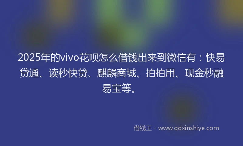 2025年的vivo花呗怎么借钱出来到微信有:快易贷通、读秒快贷、麒麟商城、拍拍用、现金秒融易宝等。