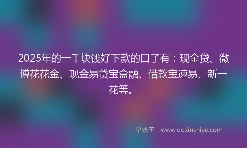 2025年的一千块钱好下款的口子有：现金贷、微博花花金、现金易贷宝盒融、借款宝速易、新一花等。